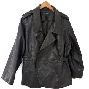 Lane Bryant Genuine Leather Jacket Black Belted Moto Trench 26/28 Plus Size